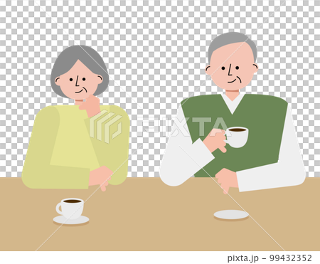Illustration of a middle-aged couple chatting while drinking coffee 99432352
