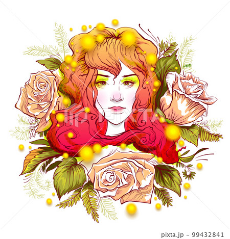 Beautiful young woman face portrait among flowers bud rose 99432841
