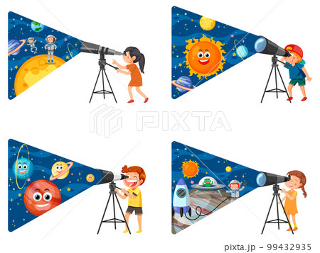 Set of kids using telescope isolated 99432935