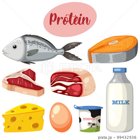 Variety of protein foods with text 99432936
