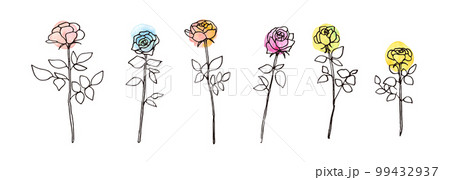 モノクロ線画の薔薇イラスト。モノクロのベクター薔薇イラスト。手描きのシンプル植物画。 99432937