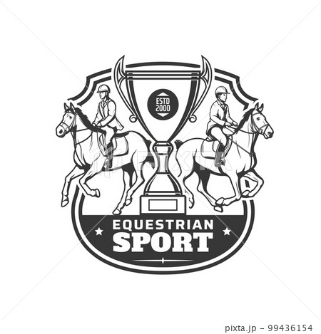Equestrian sport icon, horse races sport club vector symbol with victory cup. Racing tournament or jockey polo game and equine steeplechase races championship badge with horses and winner goblet 99436154