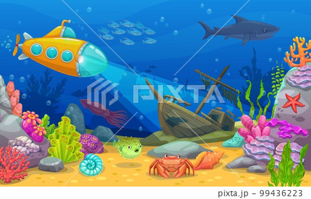 Underwater landscape. Yellow submarine or bathyscaphe on sea bottom. Sea animal and plants landscape vector background or wallpaper with sunken ship, shark, crab and cuttlefish cartoon characters Underwater landscape. Yellow submarine or bathyscaphe on sea bottom. Sea animal and plants landscape vector background or wallpaper with sunken ship, shark, crab and cuttlefish cartoon characters 99436223