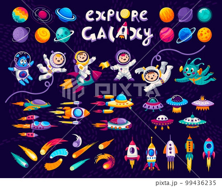 Cartoon kids space and galaxy. Astronauts, planets and rockets. Cheerful child or alien baby character flying in weightlessness, fantastic galaxy planets, future spaceships and flying saucers, comet 99436235