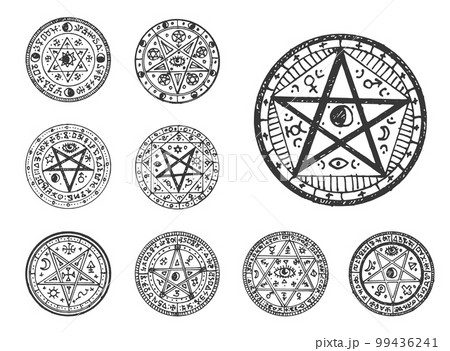 Circle magic pentagram sketch. Religion or occult ancient seal, alchemy or magic engraved vector emblem or witchcraft sacred tattoo. Astrology ritual sign with David star, pentagram star, moon and sun 99436241