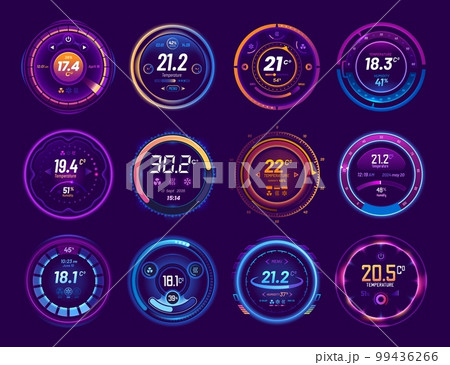 Thermostat icons. Smart thermometer and temperature control dial. House climate control screen, HVAC display, home conditioner thermostat vector dials set with temperature and humidity neon indicators 99436266