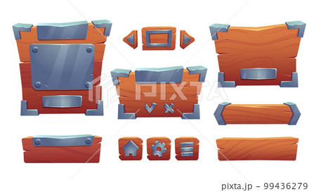 Cartoon set of wood and iron game ui boards 99436279