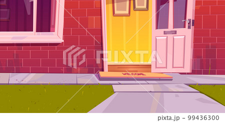 Welcome mat on floor near open house door vector Welcome mat on floor near open house door vector 99436300