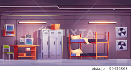 Secret underground safety shelter room interior 99436363