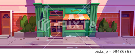 Abandoned vintage cafe exterior with torn tent Abandoned vintage cafe exterior with torn tent 99436368