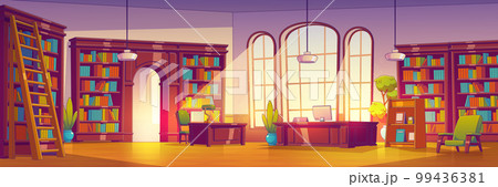 Cartoon library interior with many books 99436381
