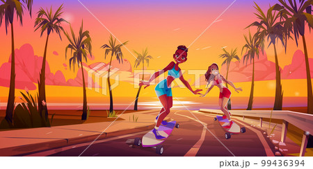 Young sexy woman on skateboard riding palm road Young sexy woman on skateboard riding palm road 99436394