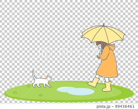 雨の草原で傘を差した女の子と猫が遊んでいるイラスト 99436461