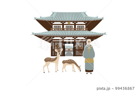 山門と鹿とお坊さんのイラスト　アウトラインなし 99436867