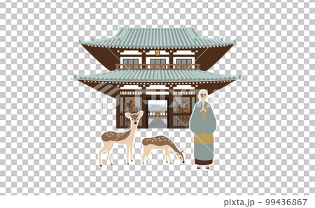 山門と鹿とお坊さんのイラスト　アウトラインなし 99436867
