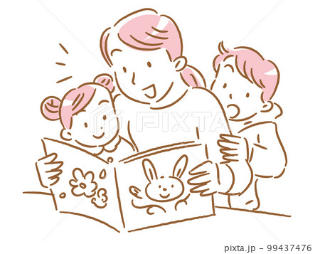 2人の子どもに絵本の読み聞かせをするお母さん 2人の子どもに絵本の読み聞かせをするお母さん 99437476