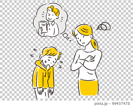 よその子と比べて男の子を叱る若いお母さん 99437478