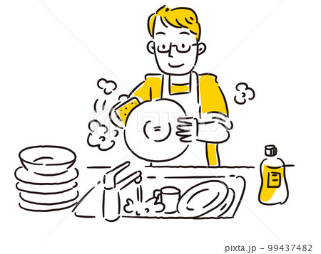 キッチンで笑顔で皿洗いをする若い男性 99437482