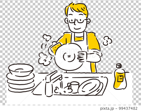 Smiling young man washing dishes in the kitchen Smiling young man washing dishes in the kitchen 99437482