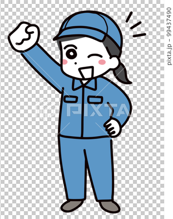 笑顔でガッツポーズをする作業服&帽子の若い女性(全身) 笑顔でガッツポーズをする作業服&帽子の若い女性(全身) 99437490