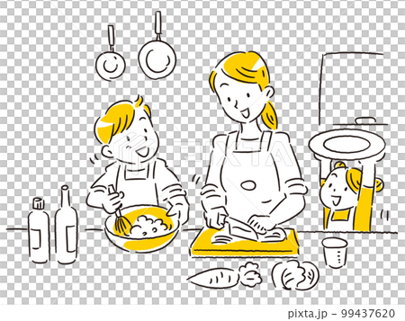 A young mother standing in the kitchen with her two children 99437620