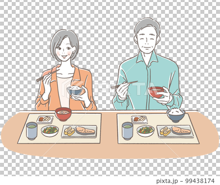 Senior men and women eating with a smile 99438174