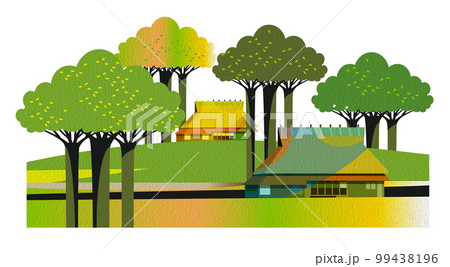 油彩風　古民家のある美しい日本の山里の風景。 99438196