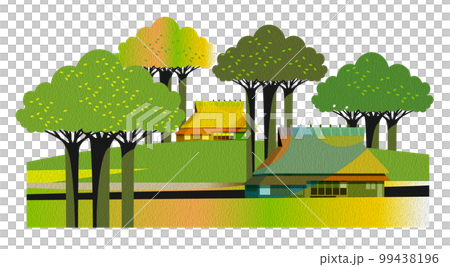 油彩風　古民家のある美しい日本の山里の風景。 99438196