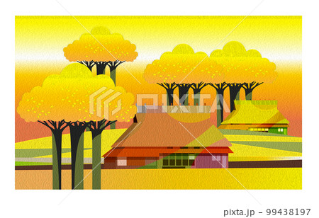 油彩風　古民家のある美しい日本の山里の風景 99438197