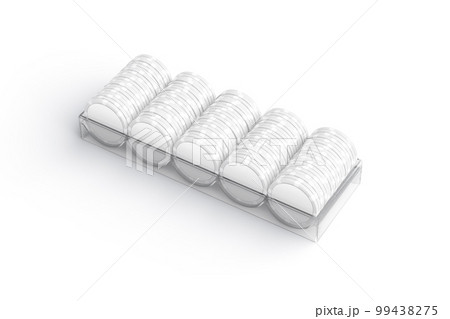 Blank white plastic round chip stack in tray mockup, isolated 99438275