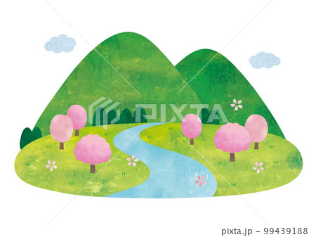 水彩画 山と家の風景　自然　昔の風景　日本の昔の風景 山と川と桜のシンプルな水彩画風景のイラスト素材 [99439188