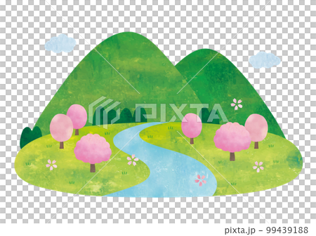 山と川と桜のシンプルな水彩画風景 99439188