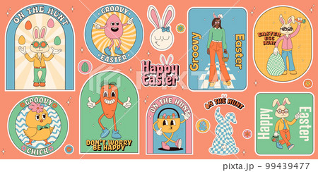 Groovy hippie Happy Easter stickers. Easter bunny, eggs, flower, chickens. Sticker pack of cartoon characters and elements in trendy retro 60s 70s cartoon style. 99439477