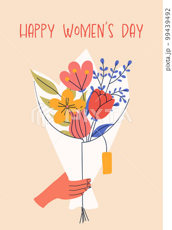8 march, International Women's Day. Greeting card or postcard templates with bouquet of flowers for card, poster, flyer. Girl power, feminism, sisterhood concept. 99439492