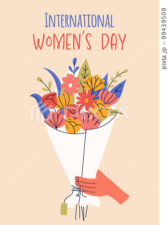 8 march, International Women's Day. Greeting card or postcard templates with bouquet of flowers for card, poster, flyer. Girl power, feminism, sisterhood concept. 99439509