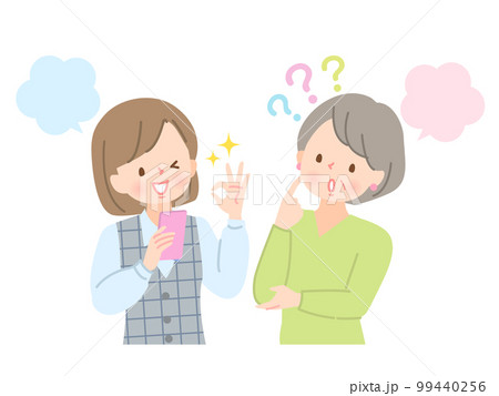 困っているシニア女性にスマホで検索して伝える若い女性 99440256