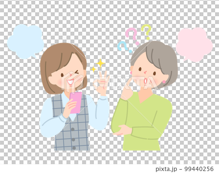 困っているシニア女性にスマホで検索して伝える若い女性 99440256