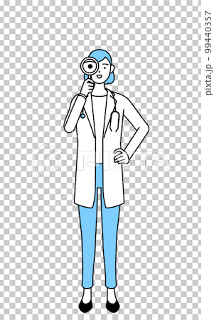 一位穿白大褂的女醫生用放大鏡看 99440357