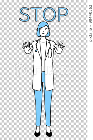 A female doctor wearing a white coat that puts out her hand in front of her body to signal the stop A female doctor wearing a white coat that puts out her hand in front of her body to signal the stop 99440362