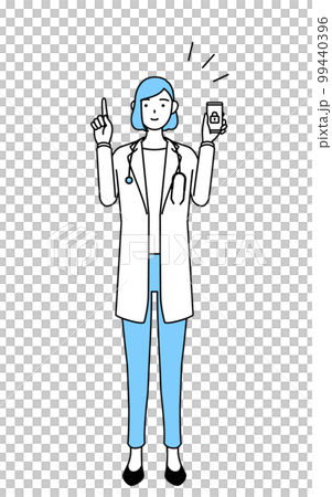 一位身穿白大褂的女醫生為智能手機採取安全措施 99440396