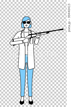 A female doctor in a white coat wearing sunglasses and holding a rifle 99440413