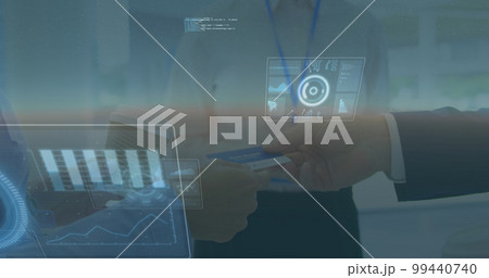 Image of data processing over diverse business people with card 99440740