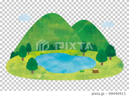 Simple watercolor landscape of mountains, ponds (swamps) and forests 99440911