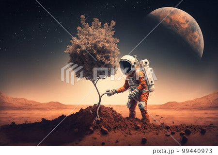 Astronaut Plants a Tree on the Red Planet Mars. Generative AI Astronaut Plants a Tree on the Red Planet Mars. Generative AI 99440973