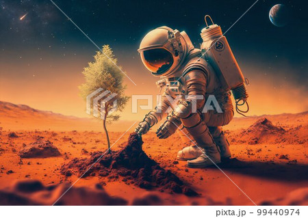 Astronaut Plants a Tree on the Red Planet Mars. Generative AI 99440974