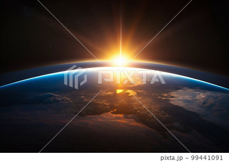 Sunset in Space on Earth Horizont. Generative AI Sunset in Space on Earth Horizont. Generative AI 99441091