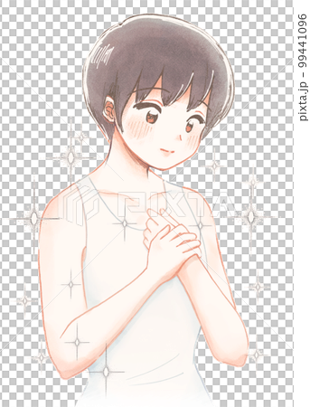 Watercolor illustration of a child who is happy to get healthy skin, hair loss, dermatitis 99441096
