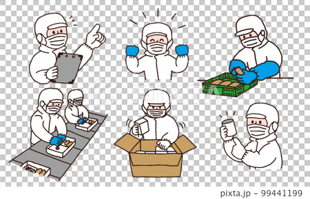 在食品廠工作的穿著白色衛生服的工人插圖集（手寫彩色） 99441199