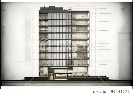 Contemporary apartment building, modern architecture, retail base, seven floors with large windows, neural network generated art 99441279