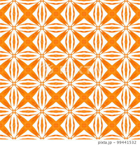 Textile ready brilliant print, swimwear fabric, wallpaper, wrapping. Orange bizarre boho chic summer design. Ethnic hand painted pattern. Watercolor summer ethnic border pattern. 99441532
